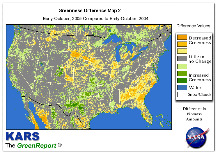 Color-coded U.S. vegetation greeness index map for Period 40 of 2005, illustrating spatial variations in plant vigor, with greener tones indicating higher biomass and browner tones indicating stressed vegetation,
              comparing current crop/vegetation change in biomass to same period from the previous year.