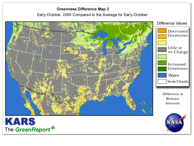 Color-coded U.S. vegetation greeness index map for Period 40 of 2005, illustrating spatial variations in plant vigor, with greener tones indicating higher biomass and browner tones indicating stressed vegetation,
              comparing current crop/vegetation change in biomass to the 20-year greenness average.