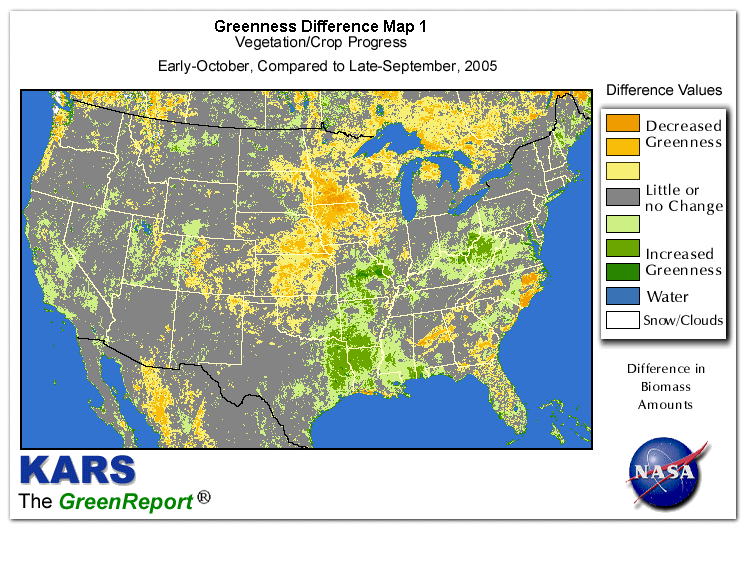 Color-coded U.S. vegetation greeness index map for Period 41 of 2005, illustrating spatial variations in plant vigor, with greener tones indicating higher biomass and browner tones indicating stressed vegetation,
              comparing current crop/vegetation change in biomass to the previous week within the same year.