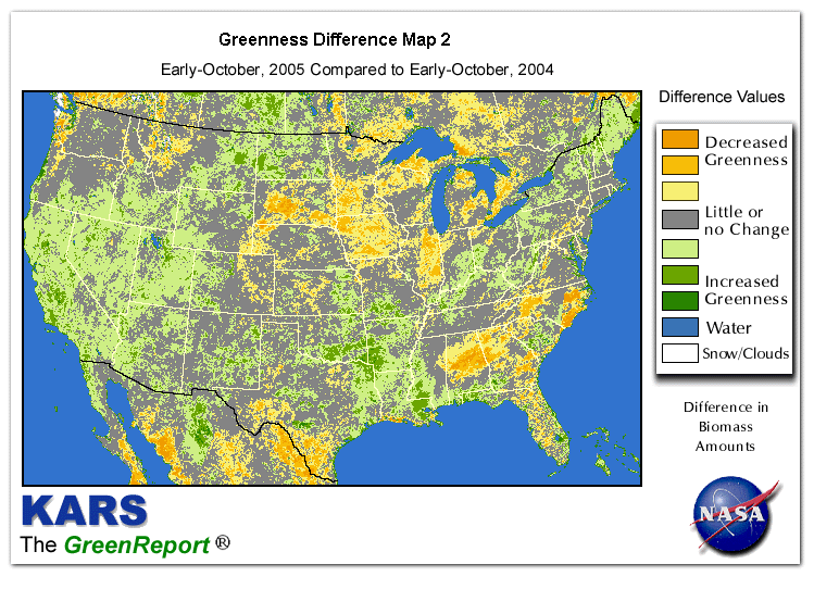 Color-coded U.S. vegetation greeness index map for Period 41 of 2005, illustrating spatial variations in plant vigor, with greener tones indicating higher biomass and browner tones indicating stressed vegetation,
              comparing current crop/vegetation change in biomass to same period from the previous year.