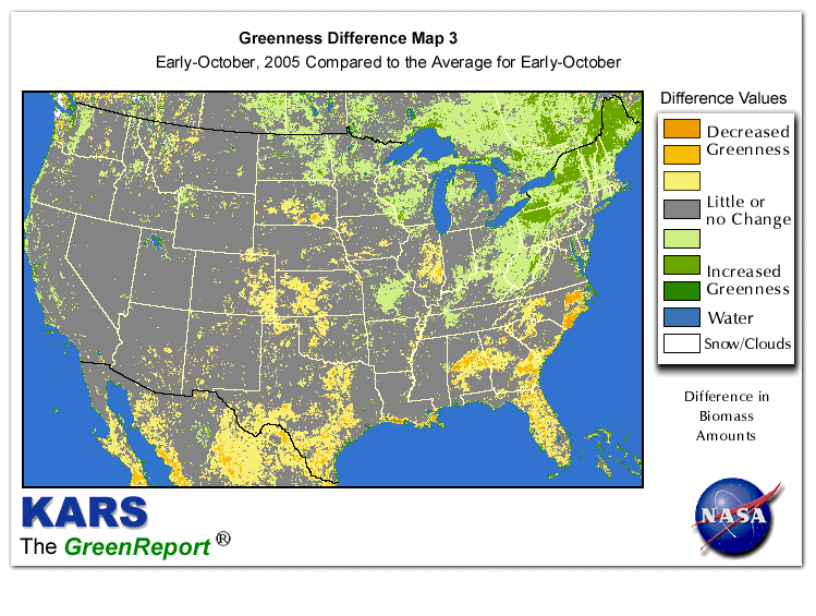 Color-coded U.S. vegetation greeness index map for Period 41 of 2005, illustrating spatial variations in plant vigor, with greener tones indicating higher biomass and browner tones indicating stressed vegetation,
              comparing current crop/vegetation change in biomass to the 20-year greenness average.