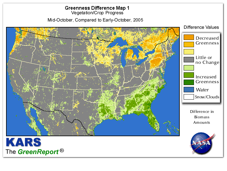 Color-coded U.S. vegetation greeness index map for Period 42 of 2005, illustrating spatial variations in plant vigor, with greener tones indicating higher biomass and browner tones indicating stressed vegetation,
              comparing current crop/vegetation change in biomass to the previous week within the same year.
