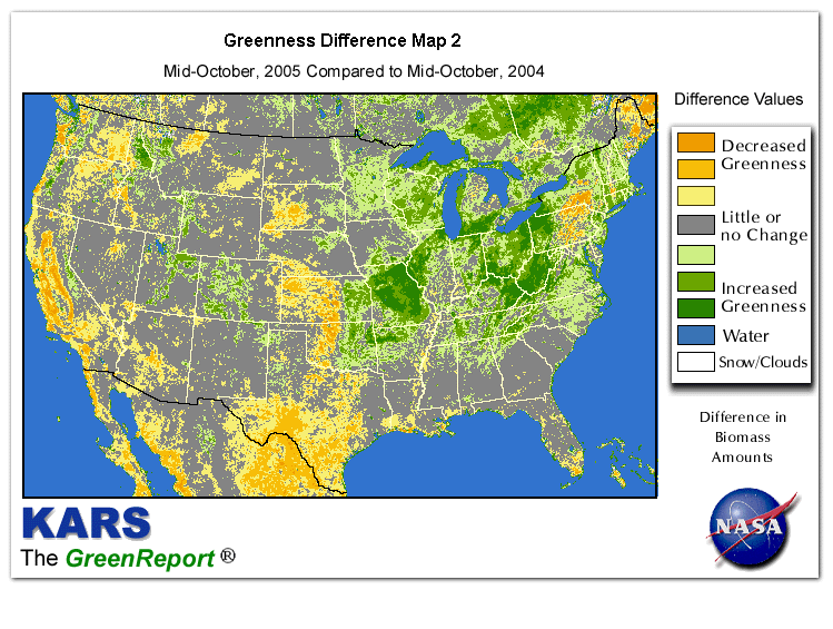 Color-coded U.S. vegetation greeness index map for Period 42 of 2005, illustrating spatial variations in plant vigor, with greener tones indicating higher biomass and browner tones indicating stressed vegetation,
              comparing current crop/vegetation change in biomass to same period from the previous year.