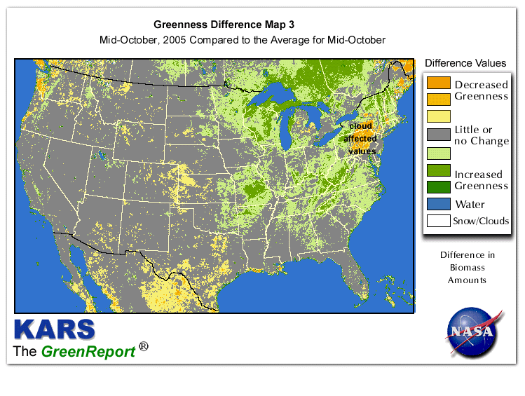 Color-coded U.S. vegetation greeness index map for Period 42 of 2005, illustrating spatial variations in plant vigor, with greener tones indicating higher biomass and browner tones indicating stressed vegetation,
              comparing current crop/vegetation change in biomass to the 20-year greenness average.