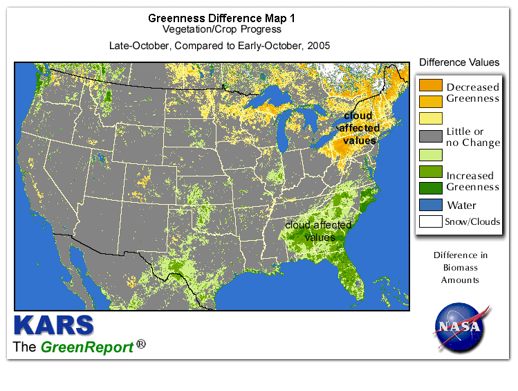 Color-coded U.S. vegetation greeness index map for Period 43 of 2005, illustrating spatial variations in plant vigor, with greener tones indicating higher biomass and browner tones indicating stressed vegetation,
              comparing current crop/vegetation change in biomass to the previous week within the same year.
