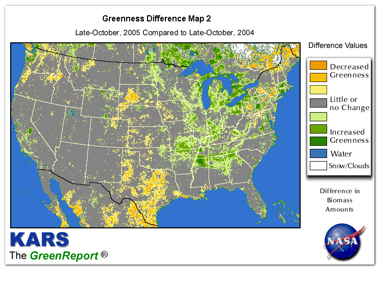 Color-coded U.S. vegetation greeness index map for Period 43 of 2005, illustrating spatial variations in plant vigor, with greener tones indicating higher biomass and browner tones indicating stressed vegetation,
              comparing current crop/vegetation change in biomass to same period from the previous year.
