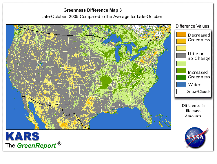 Color-coded U.S. vegetation greeness index map for Period 43 of 2005, illustrating spatial variations in plant vigor, with greener tones indicating higher biomass and browner tones indicating stressed vegetation,
              comparing current crop/vegetation change in biomass to the 20-year greenness average.