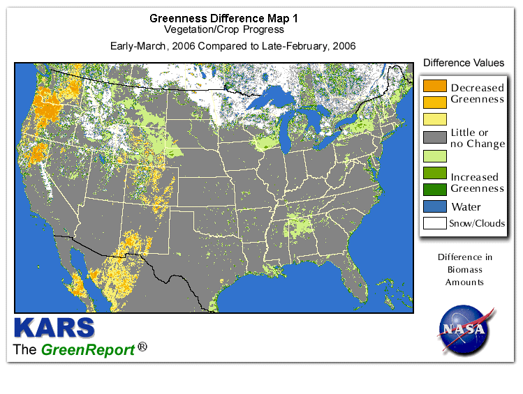 Color-coded U.S. vegetation greeness index map for Period 11 of 2006, illustrating spatial variations in plant vigor, with greener tones indicating higher biomass and browner tones indicating stressed vegetation,
              comparing current crop/vegetation change in biomass to the previous week within the same year.