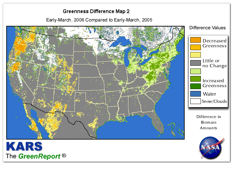 Color-coded U.S. vegetation greeness index map for Period 11 of 2006, illustrating spatial variations in plant vigor, with greener tones indicating higher biomass and browner tones indicating stressed vegetation,
              comparing current crop/vegetation change in biomass to same period from the previous year.