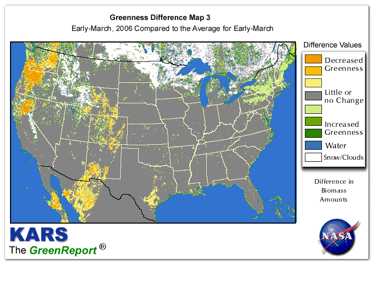 Color-coded U.S. vegetation greeness index map for Period 11 of 2006, illustrating spatial variations in plant vigor, with greener tones indicating higher biomass and browner tones indicating stressed vegetation,
              comparing current crop/vegetation change in biomass to the 20-year greenness average.