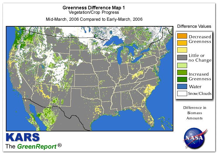 Color-coded U.S. vegetation greeness index map for Period 12 of 2006, illustrating spatial variations in plant vigor, with greener tones indicating higher biomass and browner tones indicating stressed vegetation,
              comparing current crop/vegetation change in biomass to the previous week within the same year.