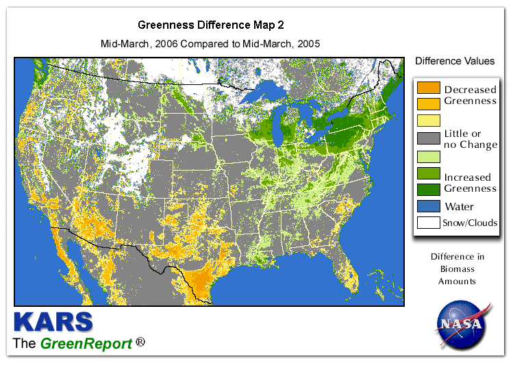 Color-coded U.S. vegetation greeness index map for Period 12 of 2006, illustrating spatial variations in plant vigor, with greener tones indicating higher biomass and browner tones indicating stressed vegetation,
              comparing current crop/vegetation change in biomass to same period from the previous year.