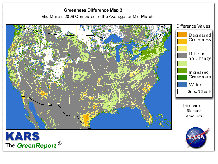 Color-coded U.S. vegetation greeness index map for Period 12 of 2006, illustrating spatial variations in plant vigor, with greener tones indicating higher biomass and browner tones indicating stressed vegetation,
              comparing current crop/vegetation change in biomass to the 20-year greenness average.
