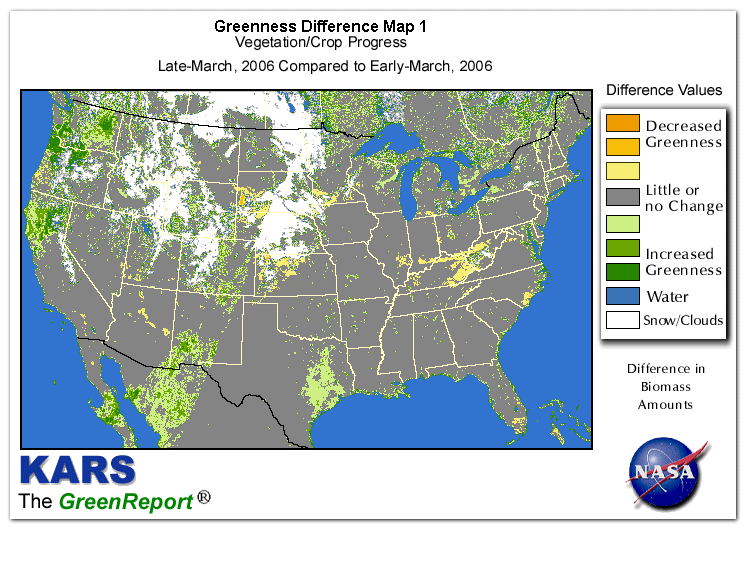 Color-coded U.S. vegetation greeness index map for Period 13 of 2006, illustrating spatial variations in plant vigor, with greener tones indicating higher biomass and browner tones indicating stressed vegetation,
              comparing current crop/vegetation change in biomass to the previous week within the same year.