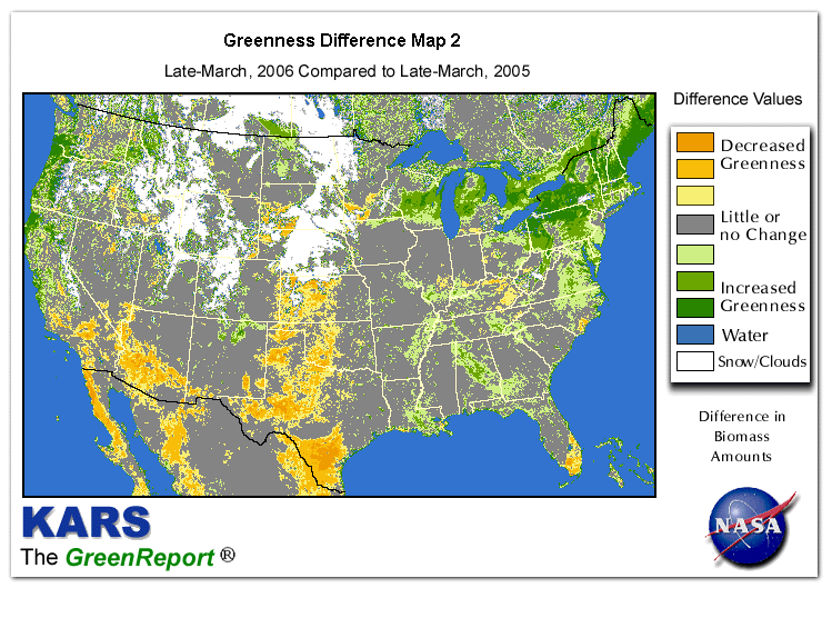 Color-coded U.S. vegetation greeness index map for Period 13 of 2006, illustrating spatial variations in plant vigor, with greener tones indicating higher biomass and browner tones indicating stressed vegetation,
              comparing current crop/vegetation change in biomass to same period from the previous year.