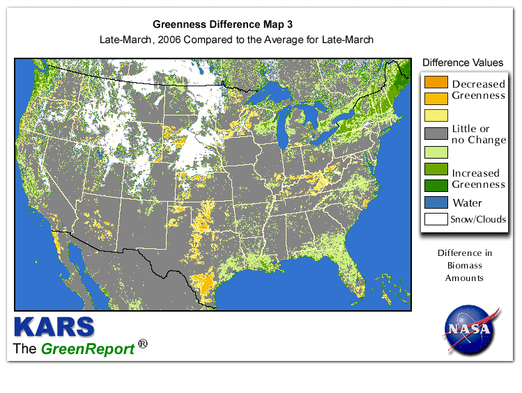 Color-coded U.S. vegetation greeness index map for Period 13 of 2006, illustrating spatial variations in plant vigor, with greener tones indicating higher biomass and browner tones indicating stressed vegetation,
              comparing current crop/vegetation change in biomass to the 20-year greenness average.