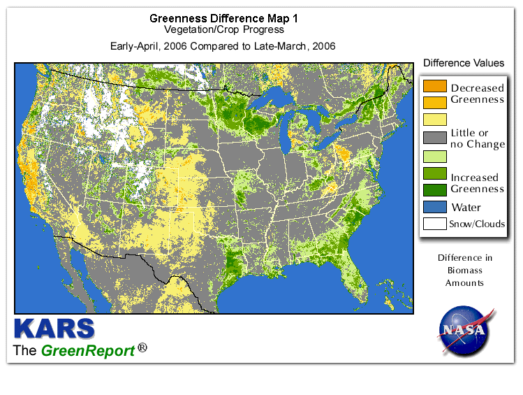 Color-coded U.S. vegetation greeness index map for Period 14 of 2006, illustrating spatial variations in plant vigor, with greener tones indicating higher biomass and browner tones indicating stressed vegetation,
              comparing current crop/vegetation change in biomass to the previous week within the same year.