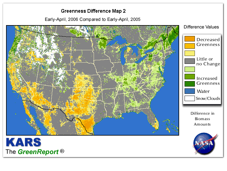 Color-coded U.S. vegetation greeness index map for Period 14 of 2006, illustrating spatial variations in plant vigor, with greener tones indicating higher biomass and browner tones indicating stressed vegetation,
              comparing current crop/vegetation change in biomass to same period from the previous year.