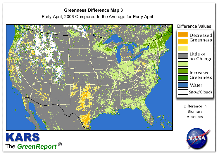 Color-coded U.S. vegetation greeness index map for Period 14 of 2006, illustrating spatial variations in plant vigor, with greener tones indicating higher biomass and browner tones indicating stressed vegetation,
              comparing current crop/vegetation change in biomass to the 20-year greenness average.