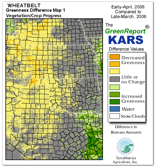 Color-coded Wheat Belt vegetation greeness index map for Period 14 of 2006, illustrating spatial variations in plant vigor, with greener tones indicating higher biomass and browner tones indicating stressed vegetation,
              comparing current crop/vegetation change in biomass to the previous week within the same year.