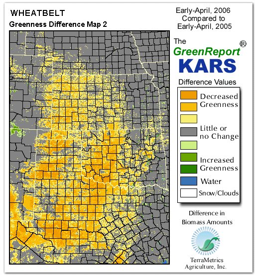 Color-coded Wheat Belt vegetation greeness index map for Period 14 of 2006, illustrating spatial variations in plant vigor, with greener tones indicating higher biomass and browner tones indicating stressed vegetation,
              comparing current crop/vegetation change in biomass to same period from the previous year.