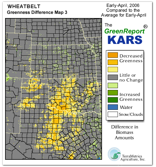 Color-coded Wheat Belt vegetation greeness index map for Period 14 of 2006, illustrating spatial variations in plant vigor, with greener tones indicating higher biomass and browner tones indicating stressed vegetation,
              comparing current crop/vegetation change in biomass to the 20-year greenness average.