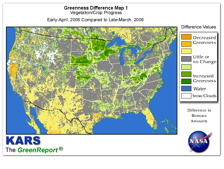 Color-coded U.S. vegetation greeness index map for Period 15 of 2006, illustrating spatial variations in plant vigor, with greener tones indicating higher biomass and browner tones indicating stressed vegetation,
              comparing current crop/vegetation change in biomass to the previous week within the same year.