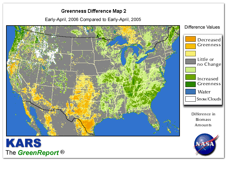 Color-coded U.S. vegetation greeness index map for Period 15 of 2006, illustrating spatial variations in plant vigor, with greener tones indicating higher biomass and browner tones indicating stressed vegetation,
              comparing current crop/vegetation change in biomass to same period from the previous year.