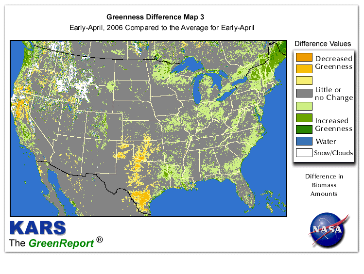 Color-coded U.S. vegetation greeness index map for Period 15 of 2006, illustrating spatial variations in plant vigor, with greener tones indicating higher biomass and browner tones indicating stressed vegetation,
              comparing current crop/vegetation change in biomass to the 20-year greenness average.