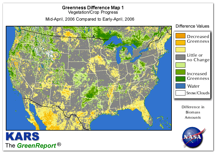 Color-coded U.S. vegetation greeness index map for Period 16 of 2006, illustrating spatial variations in plant vigor, with greener tones indicating higher biomass and browner tones indicating stressed vegetation,
              comparing current crop/vegetation change in biomass to the previous week within the same year.