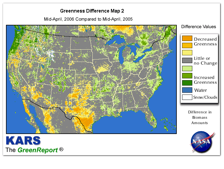 Color-coded U.S. vegetation greeness index map for Period 16 of 2006, illustrating spatial variations in plant vigor, with greener tones indicating higher biomass and browner tones indicating stressed vegetation,
              comparing current crop/vegetation change in biomass to same period from the previous year.
