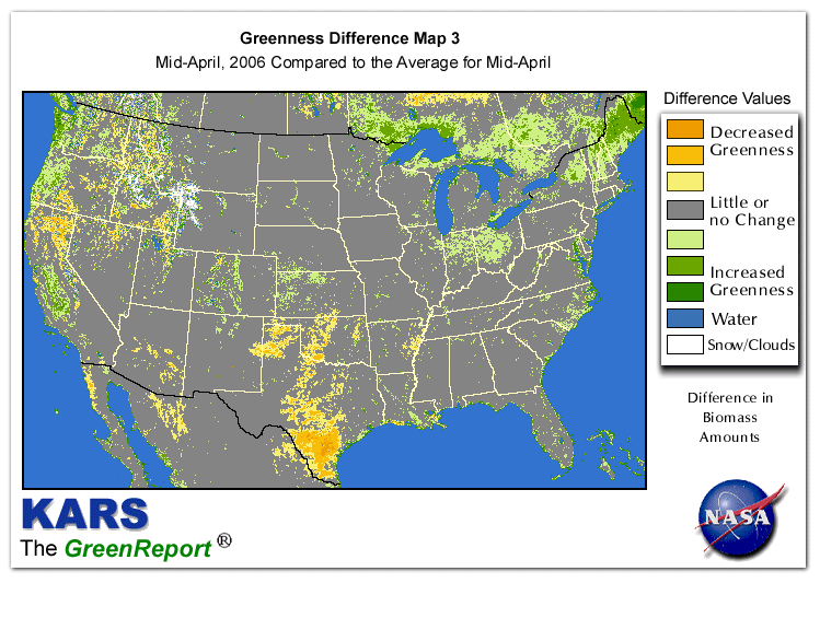 Color-coded U.S. vegetation greeness index map for Period 16 of 2006, illustrating spatial variations in plant vigor, with greener tones indicating higher biomass and browner tones indicating stressed vegetation,
              comparing current crop/vegetation change in biomass to the 20-year greenness average.