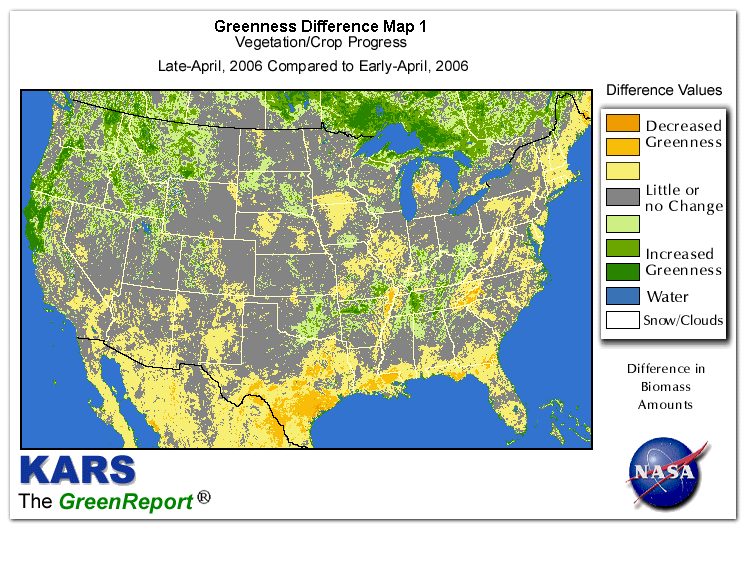 Color-coded U.S. vegetation greeness index map for Period 17 of 2006, illustrating spatial variations in plant vigor, with greener tones indicating higher biomass and browner tones indicating stressed vegetation,
              comparing current crop/vegetation change in biomass to the previous week within the same year.