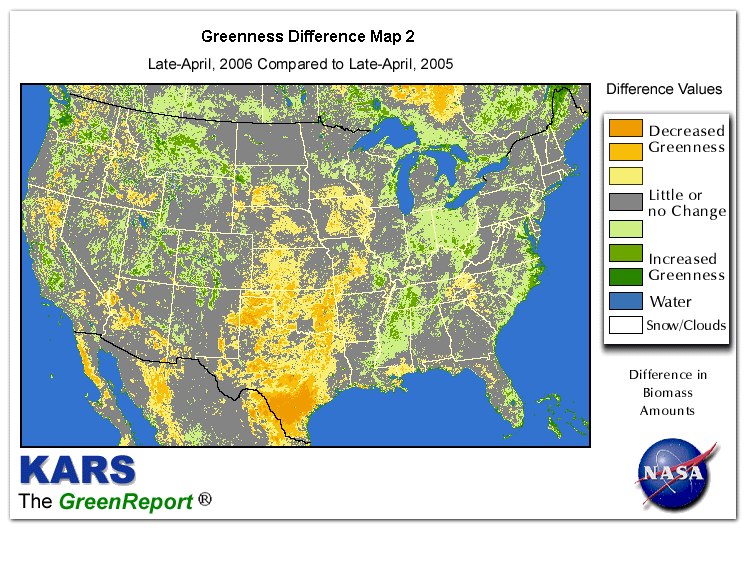 Color-coded U.S. vegetation greeness index map for Period 17 of 2006, illustrating spatial variations in plant vigor, with greener tones indicating higher biomass and browner tones indicating stressed vegetation,
              comparing current crop/vegetation change in biomass to same period from the previous year.