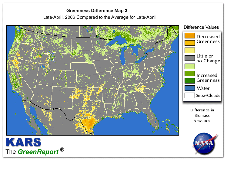 Color-coded U.S. vegetation greeness index map for Period 17 of 2006, illustrating spatial variations in plant vigor, with greener tones indicating higher biomass and browner tones indicating stressed vegetation,
              comparing current crop/vegetation change in biomass to the 20-year greenness average.