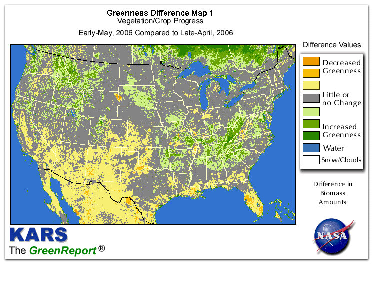 Color-coded U.S. vegetation greeness index map for Period 18 of 2006, illustrating spatial variations in plant vigor, with greener tones indicating higher biomass and browner tones indicating stressed vegetation,
              comparing current crop/vegetation change in biomass to the previous week within the same year.