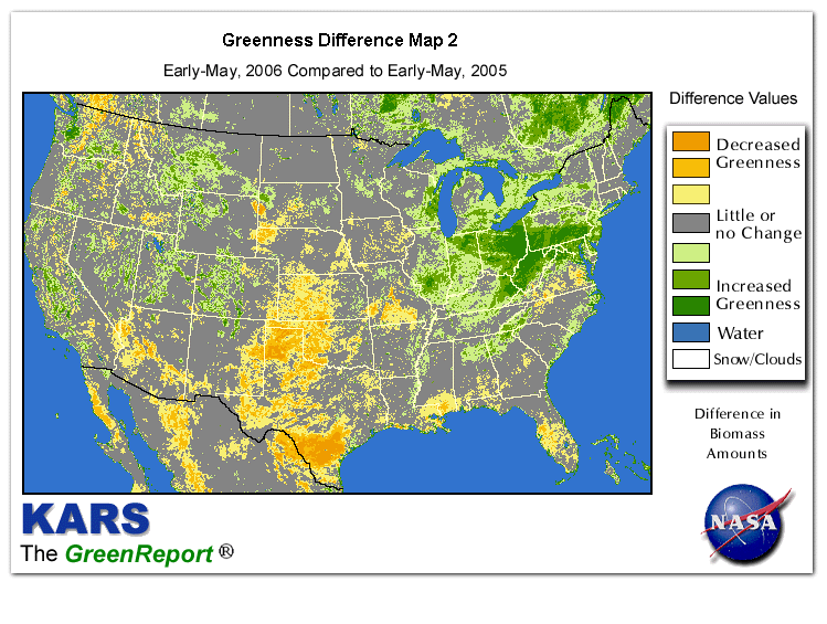 Color-coded U.S. vegetation greeness index map for Period 18 of 2006, illustrating spatial variations in plant vigor, with greener tones indicating higher biomass and browner tones indicating stressed vegetation,
              comparing current crop/vegetation change in biomass to same period from the previous year.