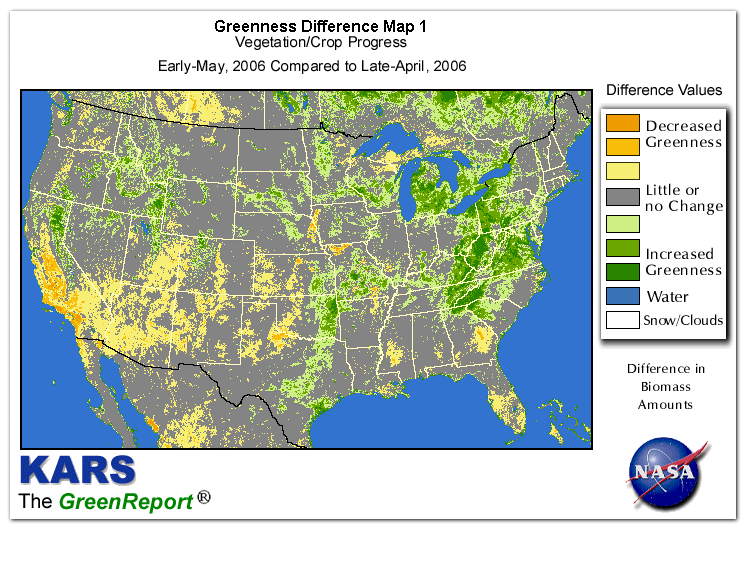 Color-coded U.S. vegetation greeness index map for Period 19 of 2006, illustrating spatial variations in plant vigor, with greener tones indicating higher biomass and browner tones indicating stressed vegetation,
              comparing current crop/vegetation change in biomass to the previous week within the same year.