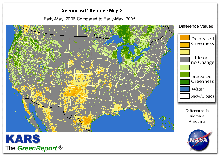Color-coded U.S. vegetation greeness index map for Period 19 of 2006, illustrating spatial variations in plant vigor, with greener tones indicating higher biomass and browner tones indicating stressed vegetation,
              comparing current crop/vegetation change in biomass to same period from the previous year.