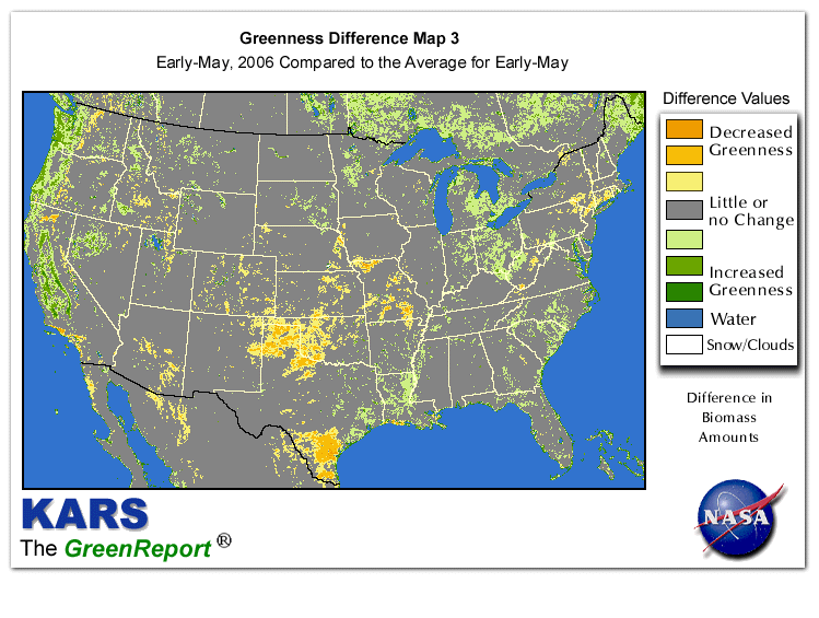 Color-coded U.S. vegetation greeness index map for Period 19 of 2006, illustrating spatial variations in plant vigor, with greener tones indicating higher biomass and browner tones indicating stressed vegetation,
              comparing current crop/vegetation change in biomass to the 20-year greenness average.