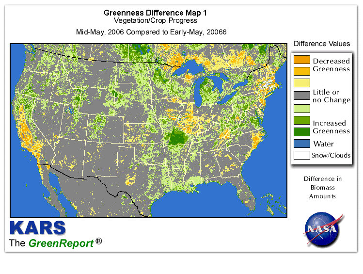 Color-coded U.S. vegetation greeness index map for Period 20 of 2006, illustrating spatial variations in plant vigor, with greener tones indicating higher biomass and browner tones indicating stressed vegetation,
              comparing current crop/vegetation change in biomass to the previous week within the same year.