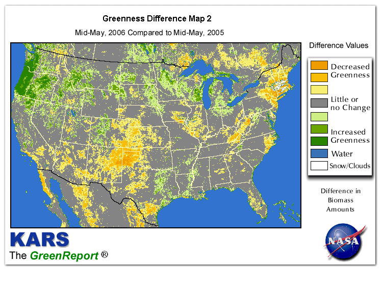 Color-coded U.S. vegetation greeness index map for Period 20 of 2006, illustrating spatial variations in plant vigor, with greener tones indicating higher biomass and browner tones indicating stressed vegetation,
              comparing current crop/vegetation change in biomass to same period from the previous year.