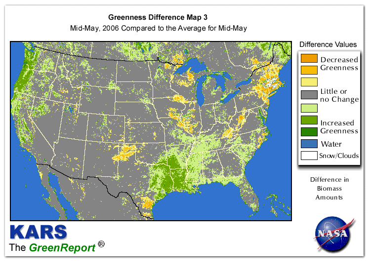 Color-coded U.S. vegetation greeness index map for Period 20 of 2006, illustrating spatial variations in plant vigor, with greener tones indicating higher biomass and browner tones indicating stressed vegetation,
              comparing current crop/vegetation change in biomass to the 20-year greenness average.