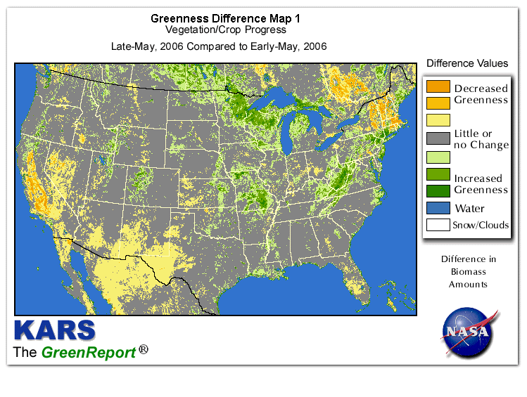 Color-coded U.S. vegetation greeness index map for Period 21 of 2006, illustrating spatial variations in plant vigor, with greener tones indicating higher biomass and browner tones indicating stressed vegetation,
              comparing current crop/vegetation change in biomass to the previous week within the same year.
