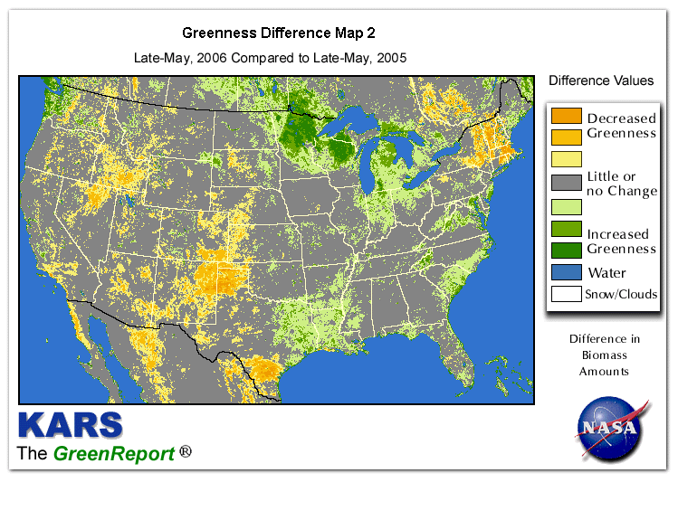 Color-coded U.S. vegetation greeness index map for Period 21 of 2006, illustrating spatial variations in plant vigor, with greener tones indicating higher biomass and browner tones indicating stressed vegetation,
              comparing current crop/vegetation change in biomass to same period from the previous year.