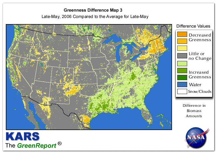 Color-coded U.S. vegetation greeness index map for Period 21 of 2006, illustrating spatial variations in plant vigor, with greener tones indicating higher biomass and browner tones indicating stressed vegetation,
              comparing current crop/vegetation change in biomass to the 20-year greenness average.