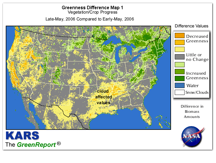 Color-coded U.S. vegetation greeness index map for Period 22 of 2006, illustrating spatial variations in plant vigor, with greener tones indicating higher biomass and browner tones indicating stressed vegetation,
              comparing current crop/vegetation change in biomass to the previous week within the same year.
