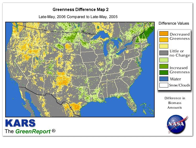 Color-coded U.S. vegetation greeness index map for Period 22 of 2006, illustrating spatial variations in plant vigor, with greener tones indicating higher biomass and browner tones indicating stressed vegetation,
              comparing current crop/vegetation change in biomass to same period from the previous year.