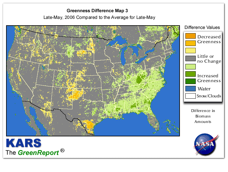 Color-coded U.S. vegetation greeness index map for Period 22 of 2006, illustrating spatial variations in plant vigor, with greener tones indicating higher biomass and browner tones indicating stressed vegetation,
              comparing current crop/vegetation change in biomass to the 20-year greenness average.