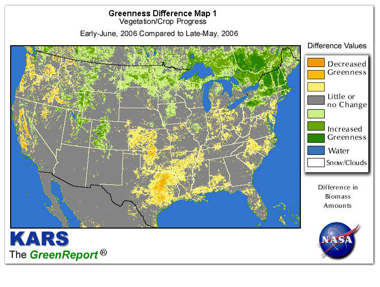 Color-coded U.S. vegetation greeness index map for Period 23 of 2006, illustrating spatial variations in plant vigor, with greener tones indicating higher biomass and browner tones indicating stressed vegetation,
              comparing current crop/vegetation change in biomass to the previous week within the same year.